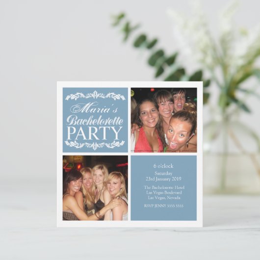 ブルーバチェロレッテブライダルパーティフォトカード 招待状 (スタンド正面)