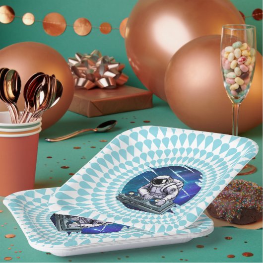 ブルーバックグラウンド宇宙飛行士DJミュージック宇宙 ペーパープレート (複数)