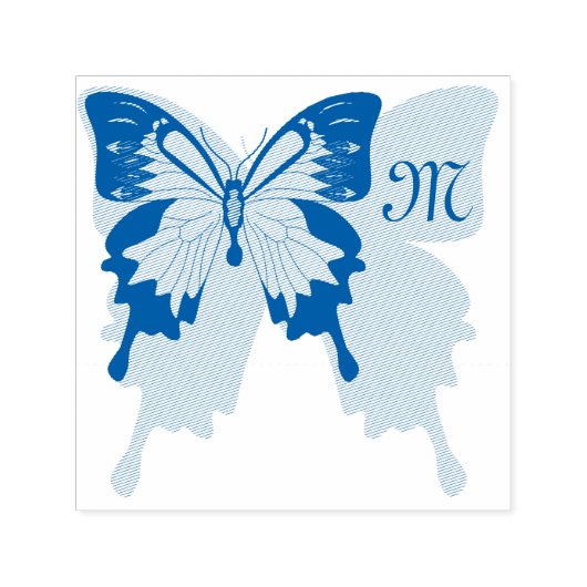 ブルーバックバタフライシャドーモノグラムゴム印 セルフインキングスタンプ (デザイン)