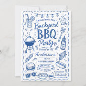 ブルーバックヤードBBQパーティーサマー手描きドゥードル 招待状 (正面)