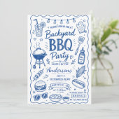 ブルーバックヤードBBQパーティーサマー手描きドゥードル 招待状 (スタンド正面)