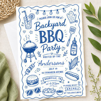 ブルーバックヤードBBQパーティーサマー手描きドゥードル 招待状