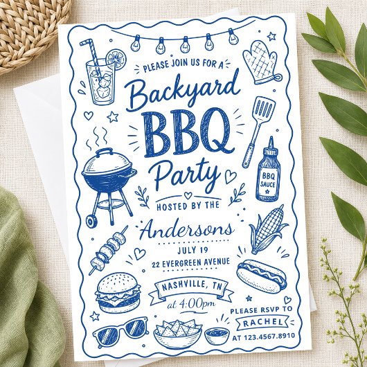 ブルーバックヤードBBQパーティーサマー手描きドゥードル 招待状