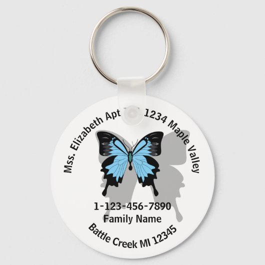 ブルーバック失ったバタフライファミリーホームアドレス キーホルダー (正面)
