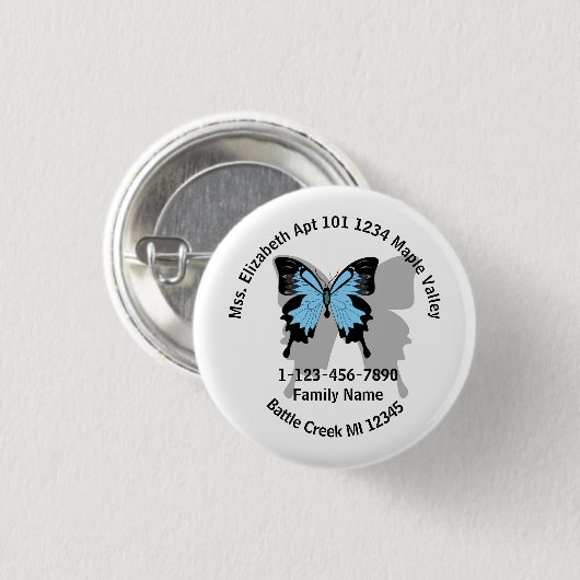 ブルーバック失ったバタフライファミリーホームアドレス 缶バッジ (正面&裏面)
