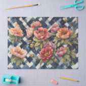 ブルーバッファローチェックと大きなピンクの花デコパ 薄葉紙 (クラフト)