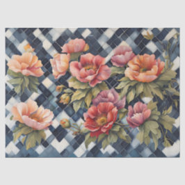 ブルーバッファローチェックと大きなピンクの花デコパ 薄葉紙