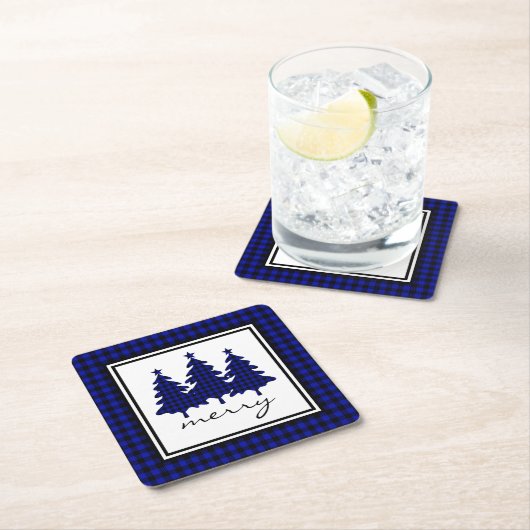ブルーバッファローチェックパインツリー スクエアペーパーコースター (インサイチュ)