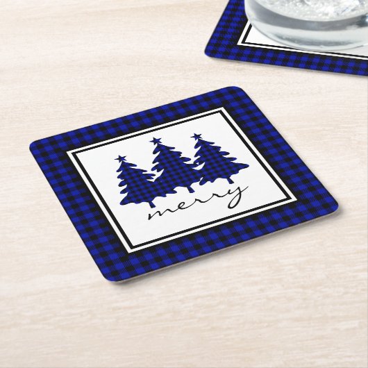 ブルーバッファローチェックパインツリー スクエアペーパーコースター (アングル)