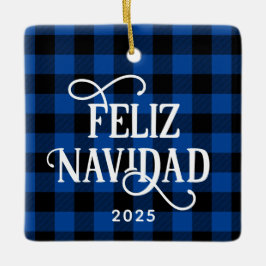 ブルーバッファロープレイドの家族写真入りクリスマスグッズ Feliz Navidad セラミックオーナメント