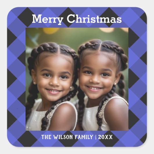 ブルーバッファロープレイドカスタム写真メリークリスマス スクエアシール (正面)