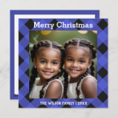 ブルーバッファロープレイドチェック写真クリスマスフラット シーズンカード (正面/裏面)