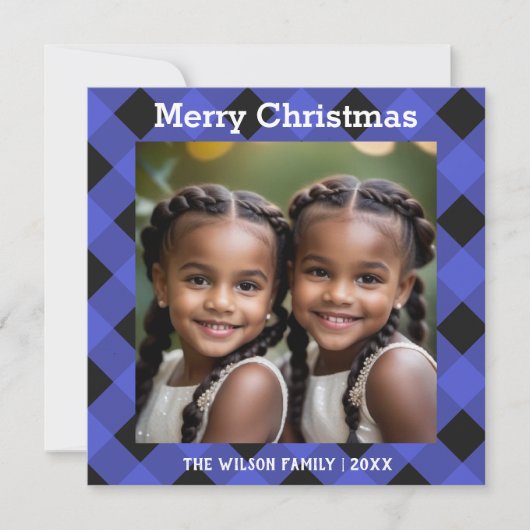 ブルーバッファロープレイドチェック写真クリスマスフラット シーズンカード (正面)