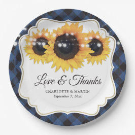 ブルーバッファロープレイドヒマワリ結婚フローラ ペーパープレート