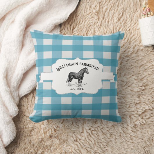 ブルーバッファロープレイドファームホース クッション (ブランケット)