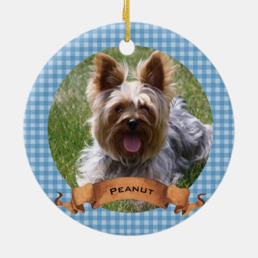 ブルーバッファロープレイドペットパーソナライズされた写真 セラミックオーナメント (裏面)