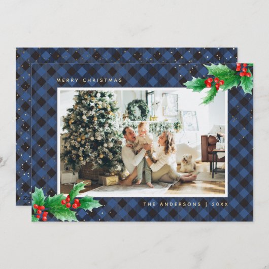 ブルーバッファロープレイドホリーフォトクリスマスカード シーズンカード (正面/裏面)
