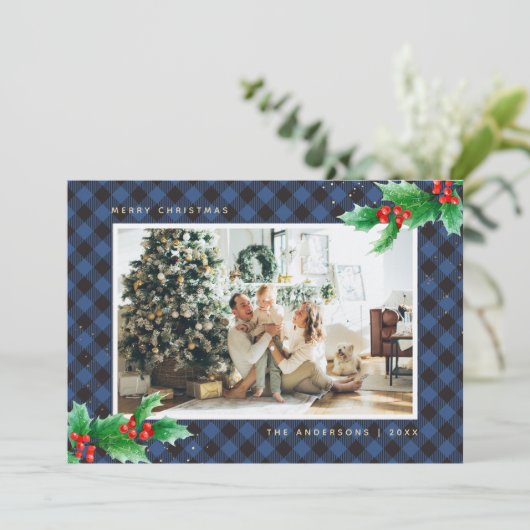 ブルーバッファロープレイドホリーフォトクリスマスカード シーズンカード (スタンド正面)