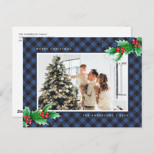 ブルーバッファロープレイド水彩写真クリスマス シーズンポストカード (正面/裏面)