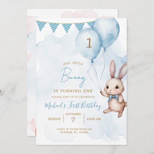 ブルーバニーイースターバースデーパーティー 招待状 (正面/裏面)