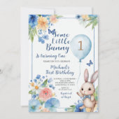 ブルーバニーイースター誕生日カラフルフローラ 招待状 (正面)