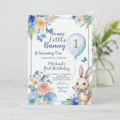 ブルーバニーイースター誕生日カラフルフローラ 招待状 (スタンド正面)
