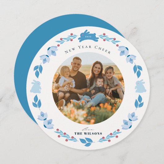 ブルーバニーフォークアートニューイヤーホリデーフォトカード シーズンカード (正面/裏面)