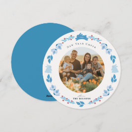 ブルーバニーフォークアートニューイヤーホリデーフォトカード シーズンカード