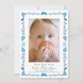 ブルーバニーフォークアートベビー年賀状 招待状 (正面)