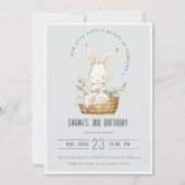 ブルーバニーフローラバスケットキッズフォト誕生日 招待状 (正面)