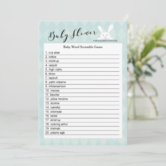 ブルーバニー赤ちゃんシャワー単語スクランブルゲームカード 招待状 (スタンド正面)