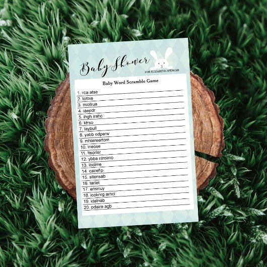 ブルーバニー赤ちゃんシャワー単語スクランブルゲームカード 招待状