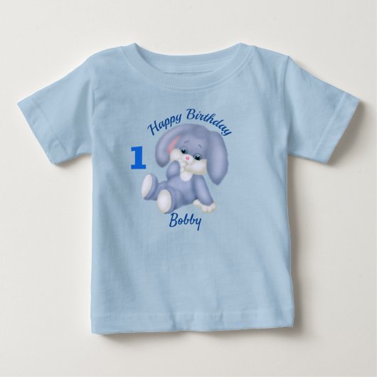 ブルーバニー ボーイズ 1歳の誕生日 名前 年齢 オーダーメイド ベビーTシャツ (正面)