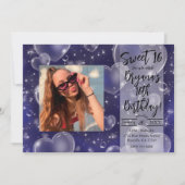 ブルーバブルハートガーリーキュート90歳の誕生日パーティー 招待状 (正面)