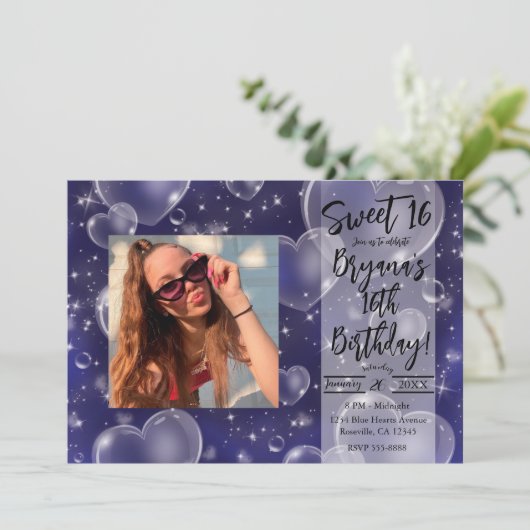 ブルーバブルハートガーリーキュート90歳の誕生日パーティー 招待状 (スタンド正面)