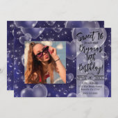 ブルーバブルハートガーリーキュート90歳の誕生日パーティー 招待状 (正面/裏面)