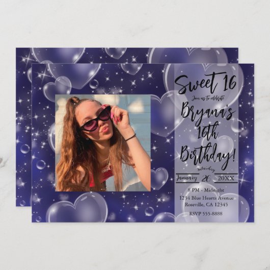 ブルーバブルハートガーリーキュート90歳の誕生日パーティー 招待状 (正面/裏面)