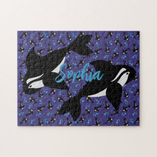 ブルーバブルパープルブルーの背景を持つOrca Whale ジグソーパズル