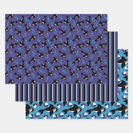 ブルーバブルパープルブルーの背景を持つOrca Whale ラッピングペーパーシート (セット)