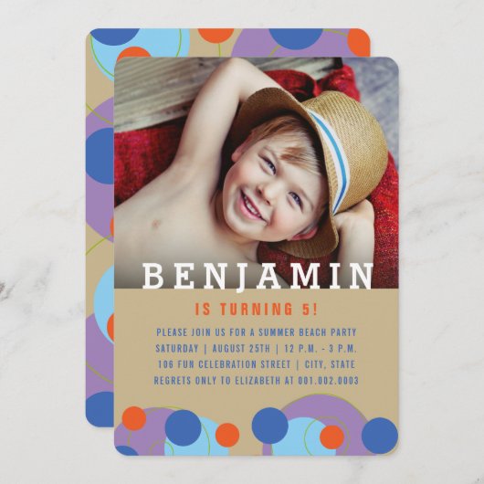 ブルーバブル水玉模様フォトボーイバースデーパーティー 招待状 (正面/裏面)