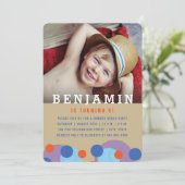 ブルーバブル水玉模様フォトボーイバースデーパーティー 招待状 (スタンド正面)