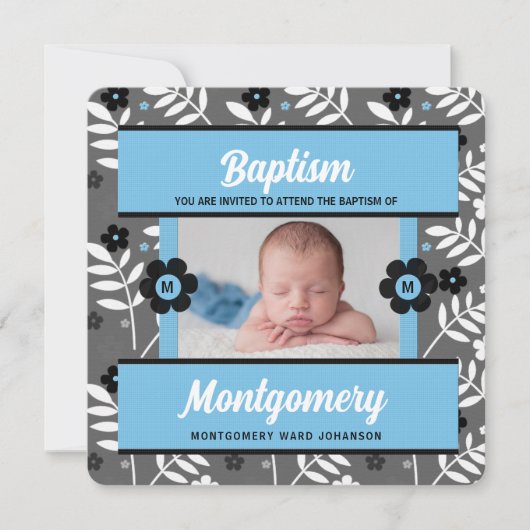 ブルーバプテスマ男の赤ちゃんモノグラムと写真 招待状 (正面)