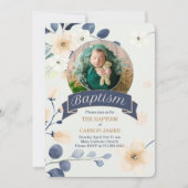 ブルーバプテスマ男の赤ちゃん黄色の花 招待状 (正面)