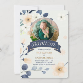 ブルーバプテスマ男の赤ちゃん黄色の花 招待状