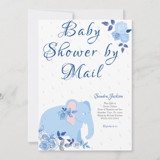 ブルーバラかわいい象の男の子の赤ちゃんシャワー 招待状 (正面)