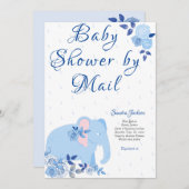 ブルーバラかわいい象の男の子の赤ちゃんシャワー 招待状 (正面/裏面)