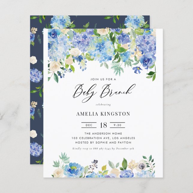 ブルーバラとアジサイベビーブランチ招待状 (正面/裏面)