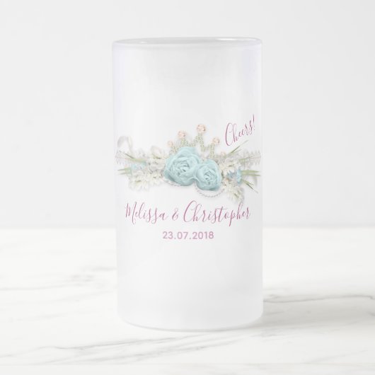ブルーバラとクラウンフローラブーケ結婚ス フロストグラスビールジョッキ (中央)