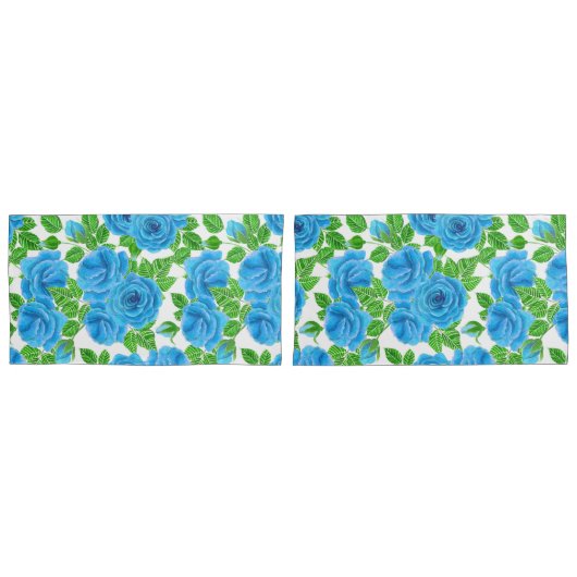 ブルーバラの水色のシームレスなパターン 枕カバー (正面-セット)