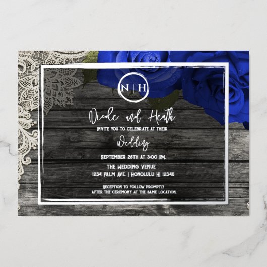 ブルーバラウッド&レエレガントース素朴結婚 箔招待状 (正面)